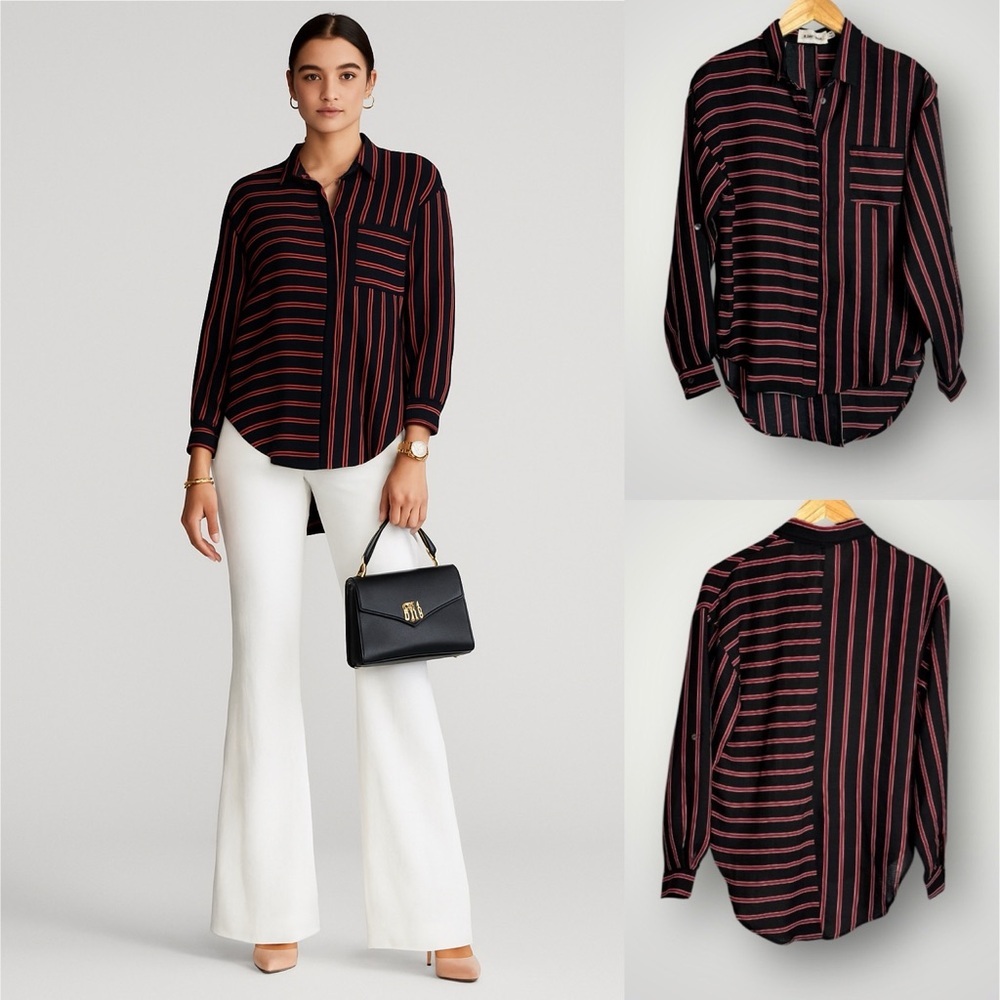Line & Dot Annabell Button Down Blouse Size XS Black Cherry Mixed Media Striped